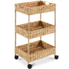 3-Tier Water Hyacinth Rolling Utility Cart w/ Weaved Baskets Natural