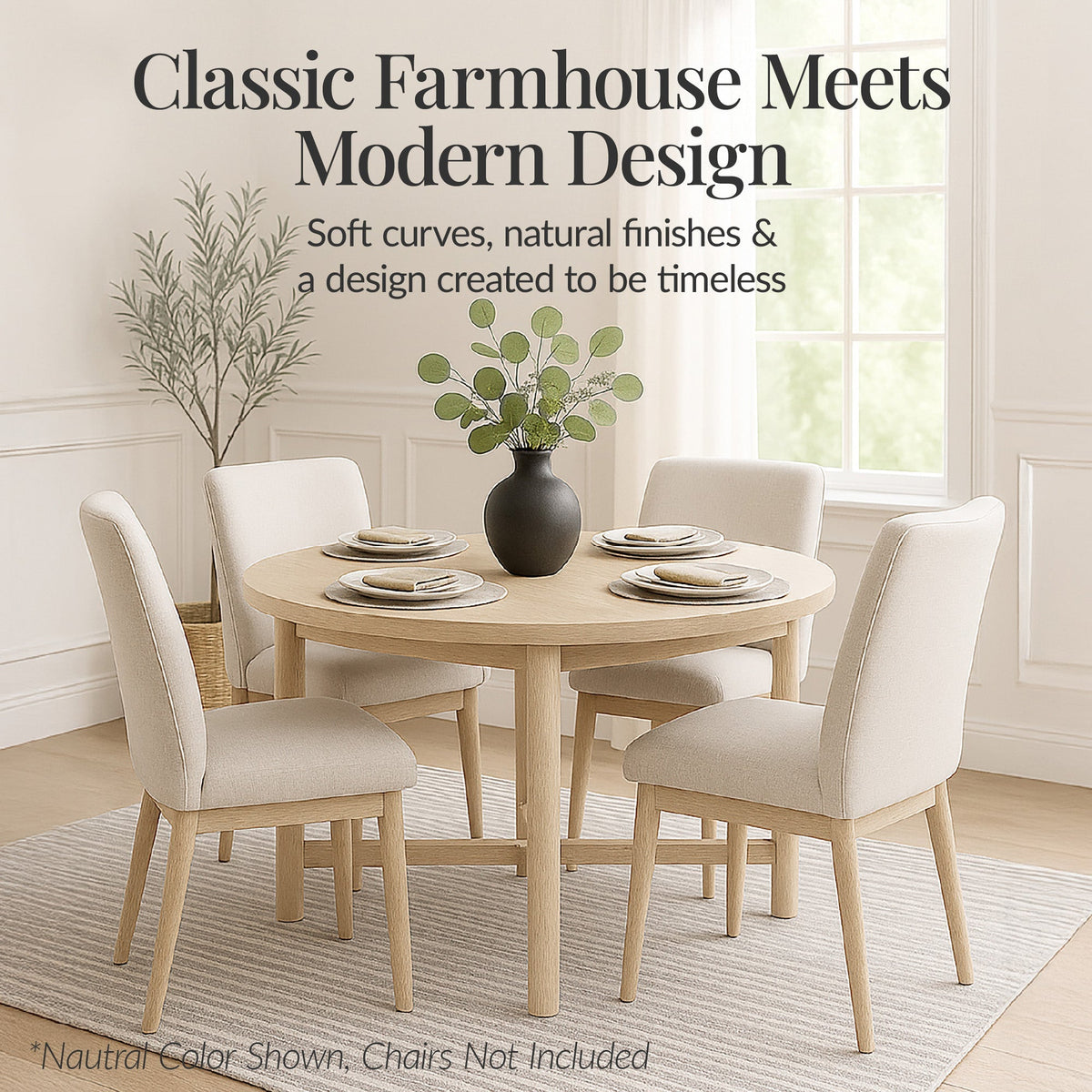 47In Round Solid Wood Dining Table, Modern Farmhouse Table For 4, Space Saving, Easy Assembly