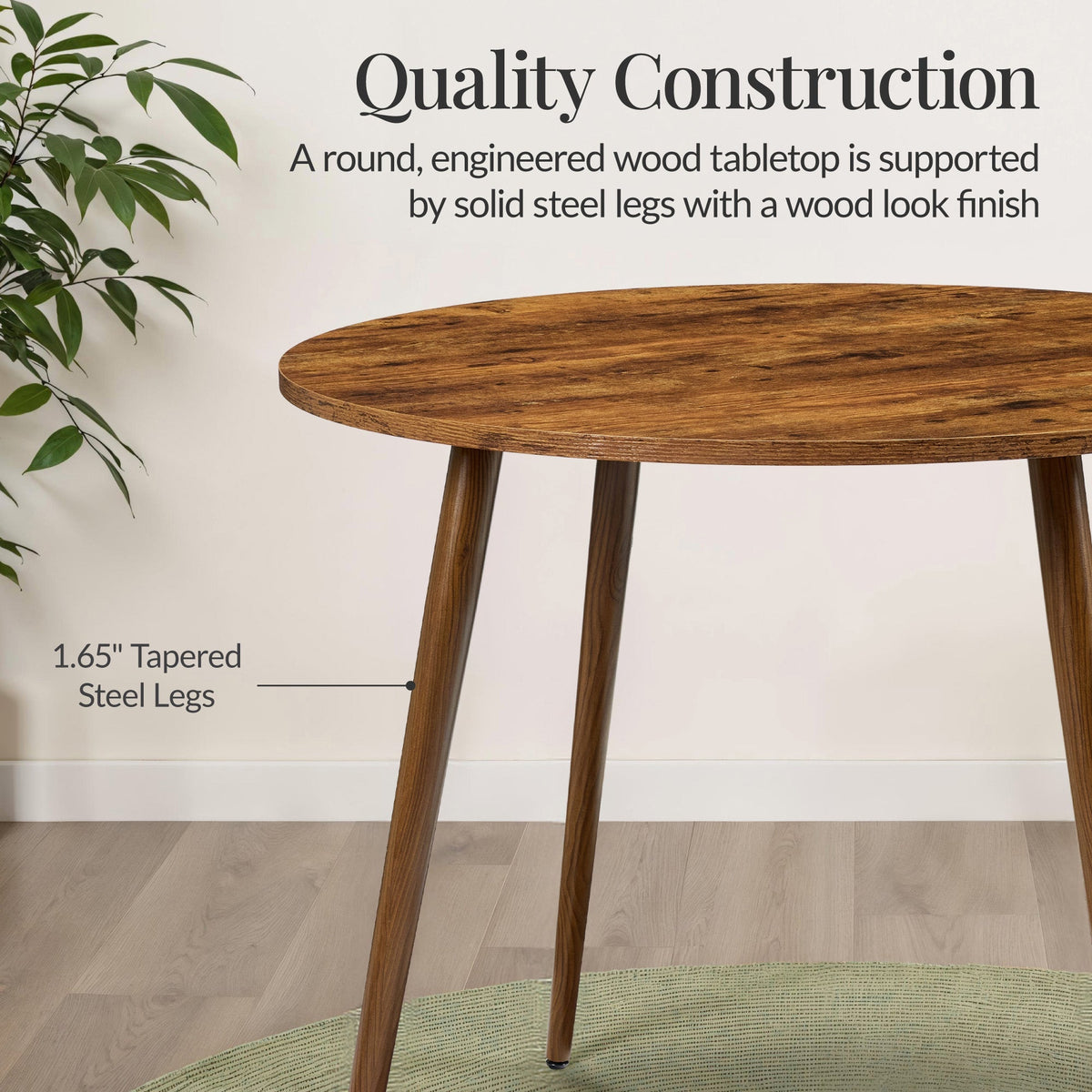 Round Mid-Century Modern 35.5in Dining Table, Dinette for Home or Kitchen w/Wood Finish Steel Legs