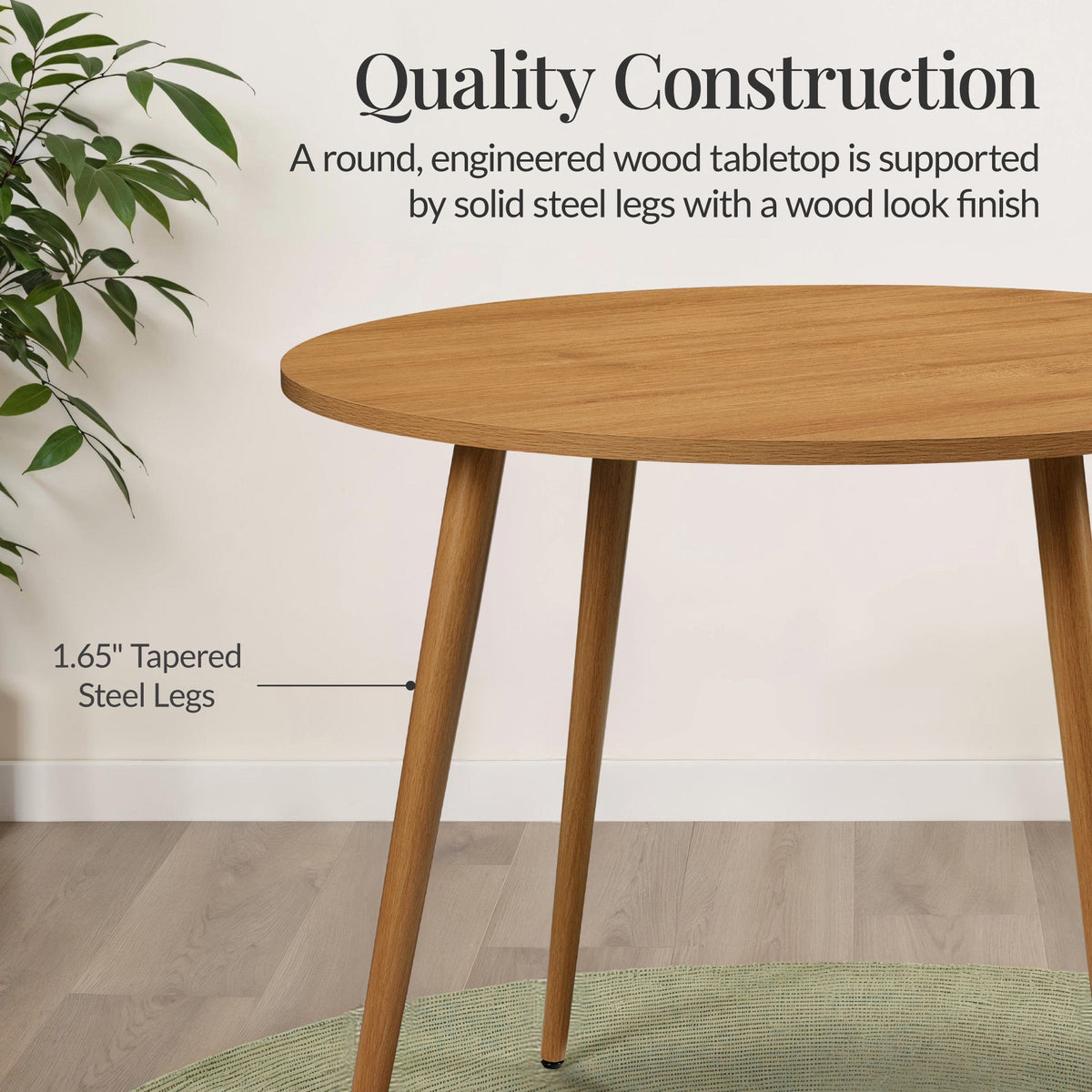 Round Mid-Century Modern 35.5in Dining Table, Dinette for Home or Kitchen w/Wood Finish Steel Legs