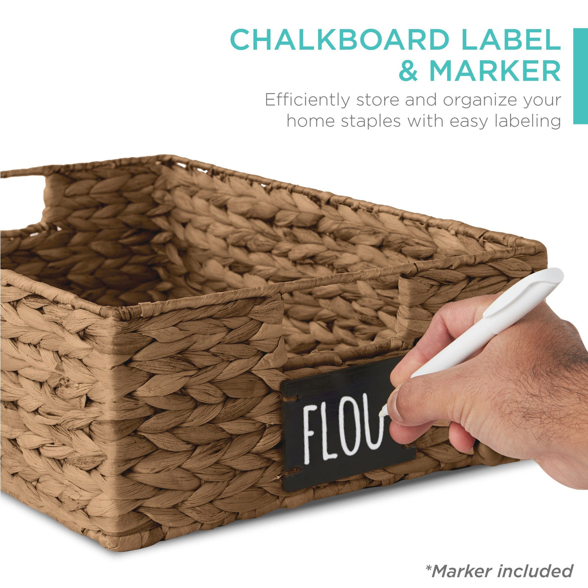 Set of 4 Water Hyacinth Pantry Baskets w/ Chalkboard, Chalk Marker