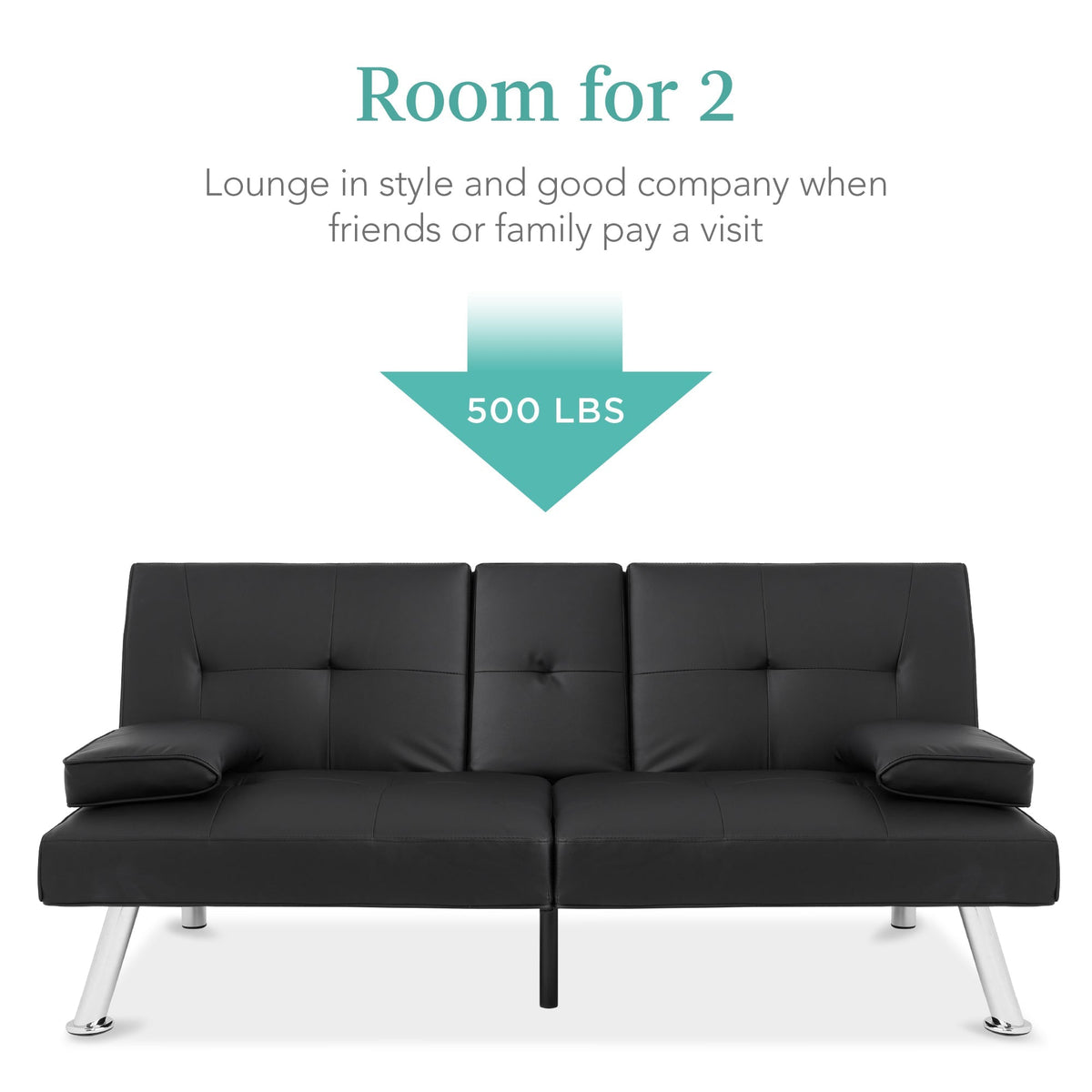 Faux Leather Upholstered Convertible Sofa Bed Futon w/ 2 Cupholders