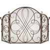 3-Panel Wrought Iron Metal Fireplace Screen Cover w/ Scroll Design - 55x33in