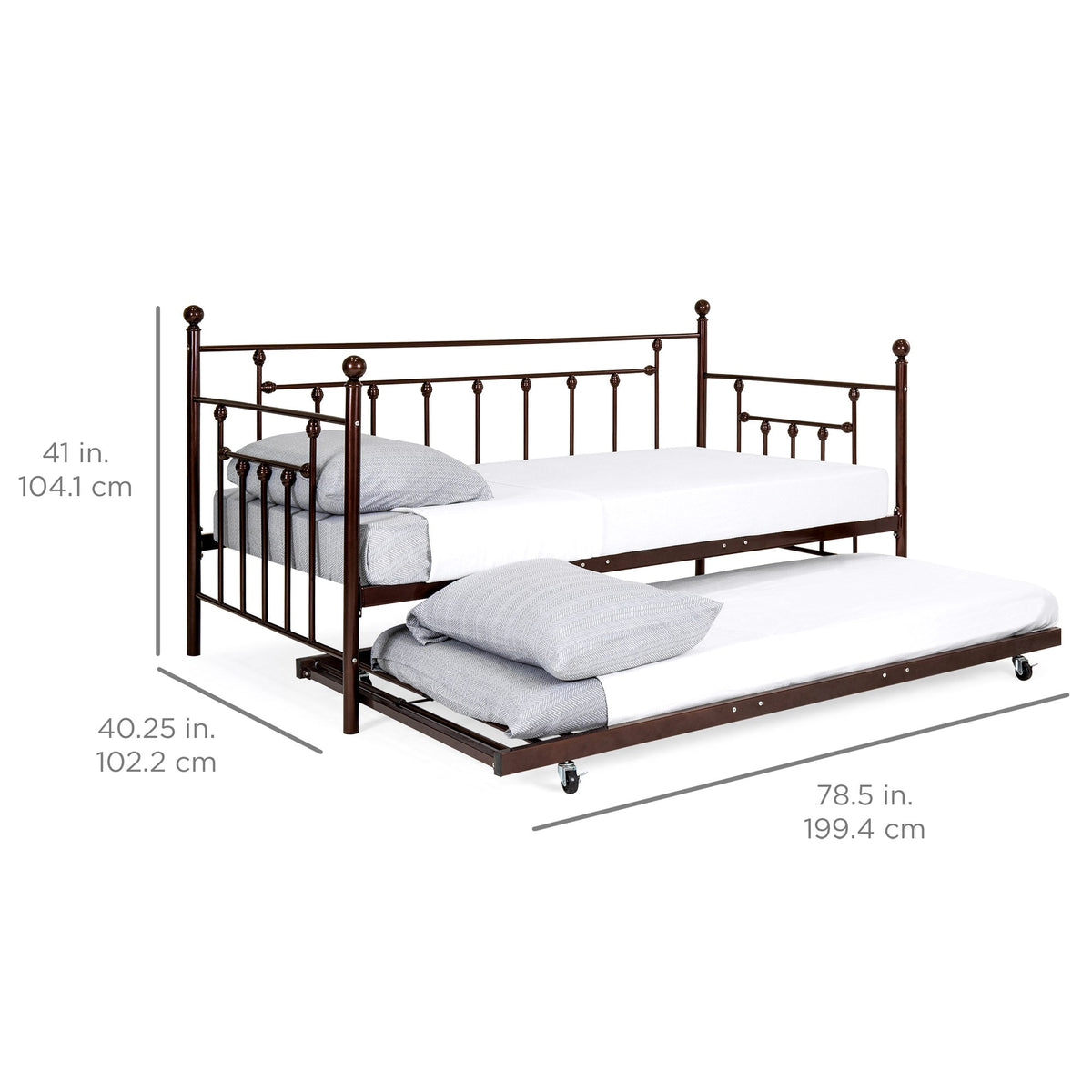Twin Sized Metal Lounge Daybed Frame w/ Trundle, Finials