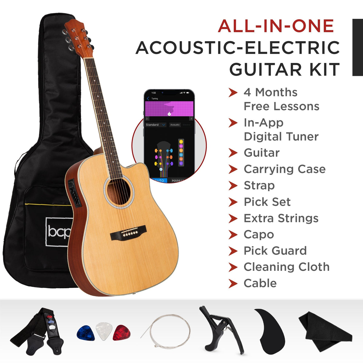 41in Beginner Acoustic Electric Cutaway Guitar Set w/ Case, Strap