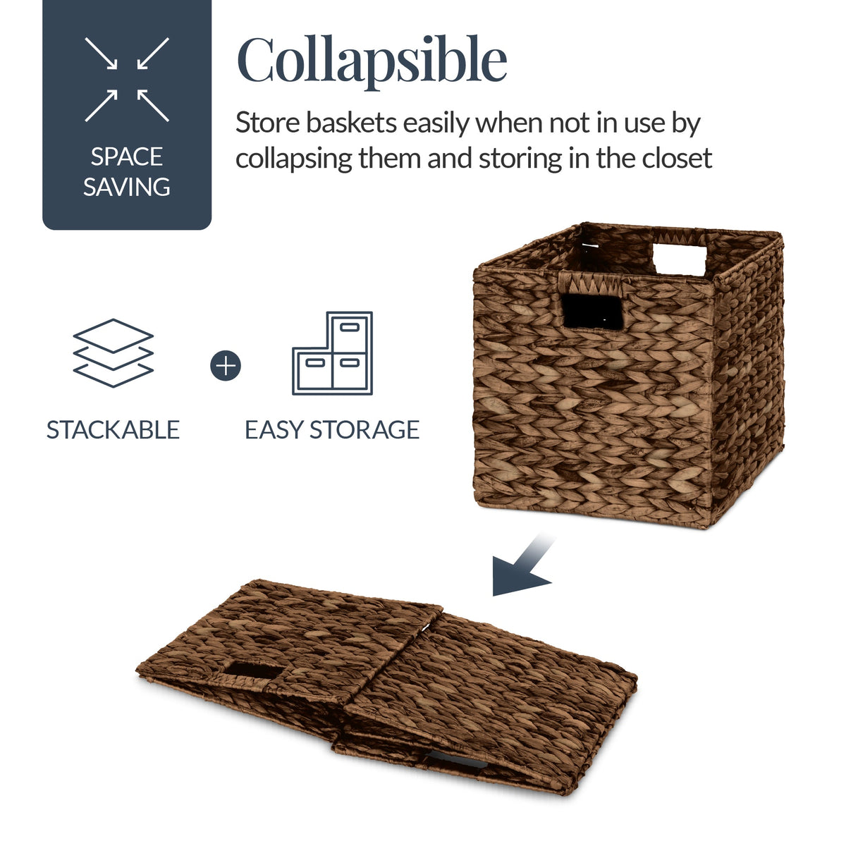 Set of 5 Collapsible Hyacinth Storage Baskets w/ Inserts - 12x12in