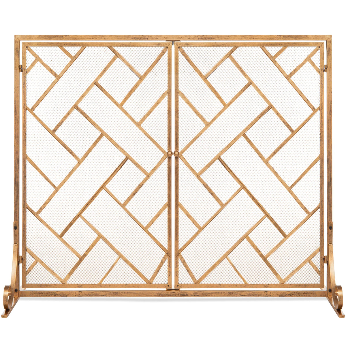 2-Panel Wrought Iron Geometric Fireplace Screen w/ Magnetic Doors - 44x33in