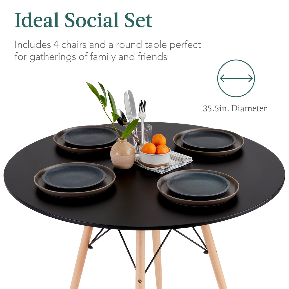 5-Piece Mid-Century Modern Dining Set w/ 4 Chairs, Wooden Legs, Metal Frame