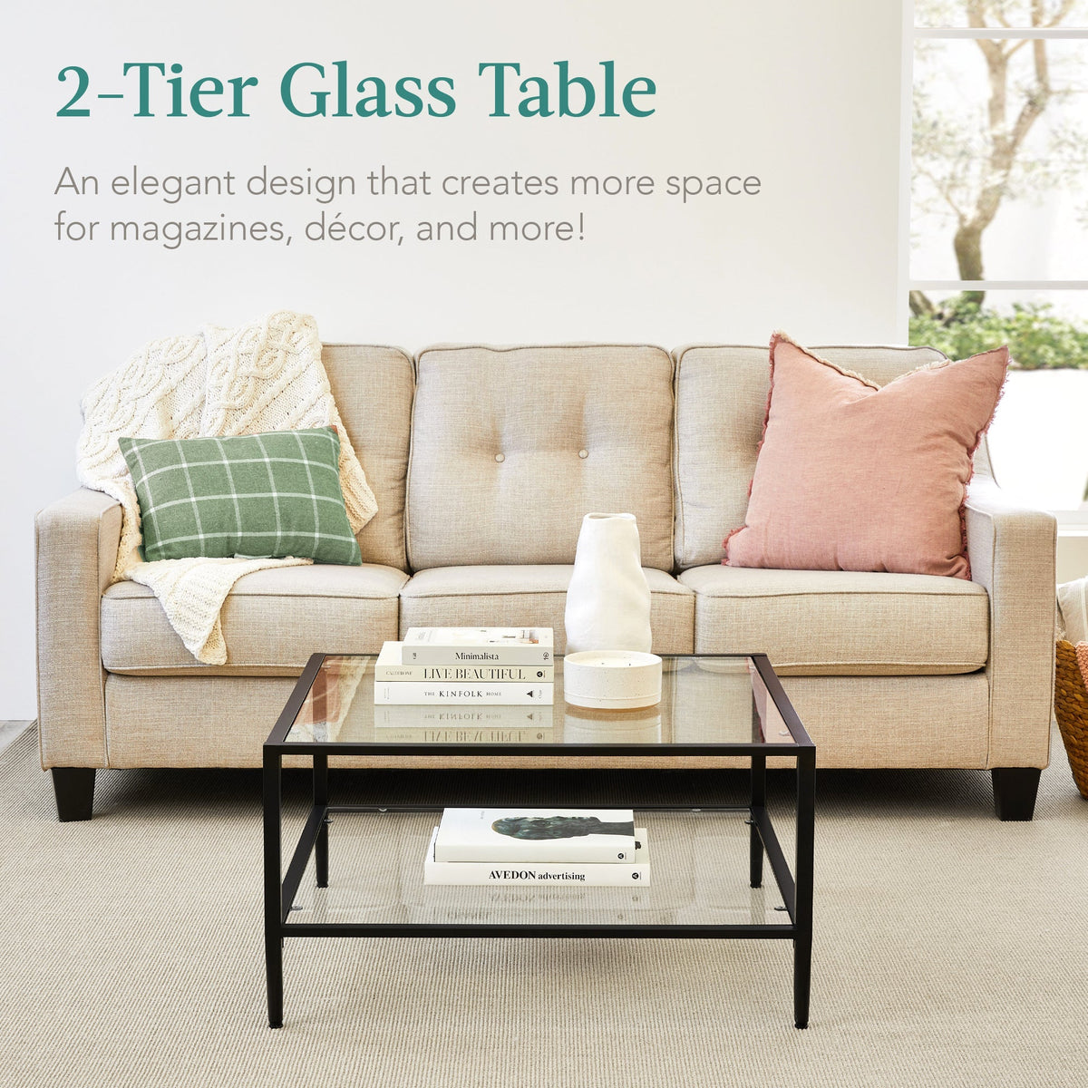 2-Tier Large Square Coffee Table Living Room Accent w/ Glass Top - 32"
