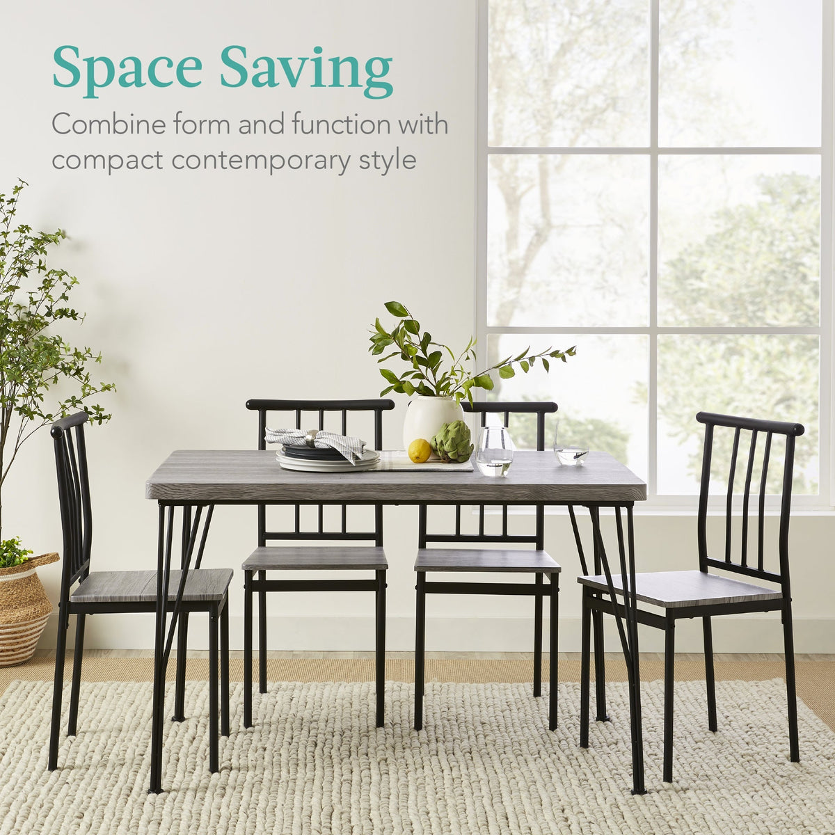 5-Piece Modern Metal and Wood Dining Table Furniture Set w/ 4 Chairs