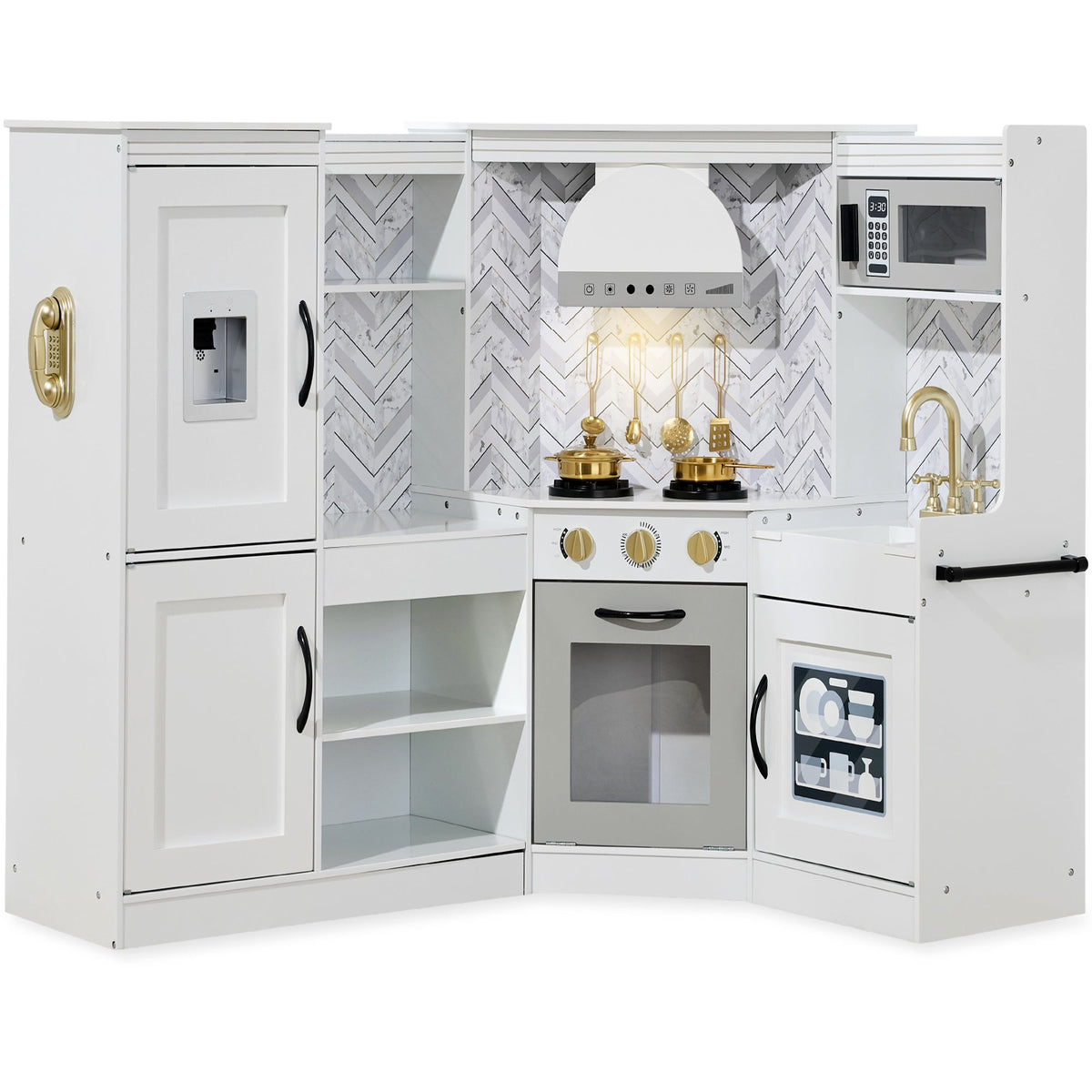 Pretend Play Corner Kitchen Wooden Toy Set for Kids w/ Lights, Sounds