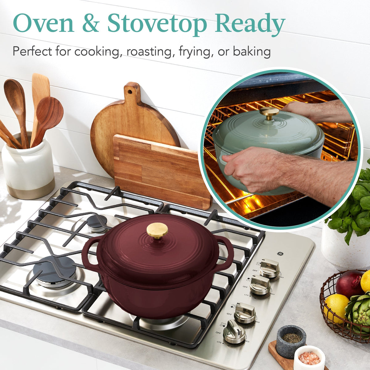 Cast-Iron Dutch Oven Kitchen Cookware w/ Enamel, Handles - 6qt