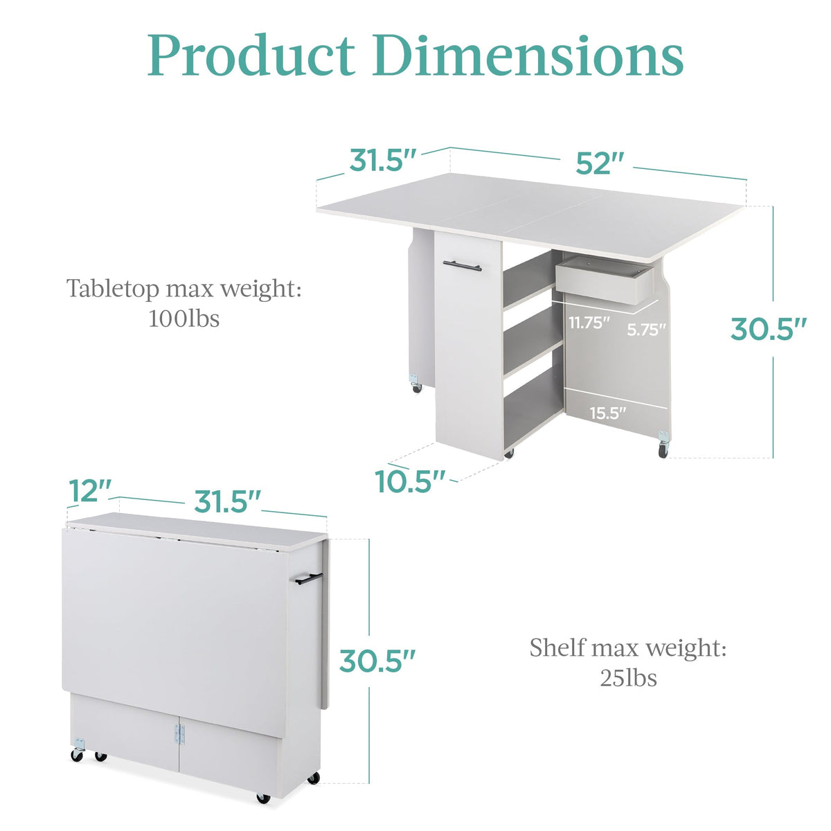 Multipurpose Folding Table w/ Wheels, 3 Storage Shelves, Cubby, Handle
