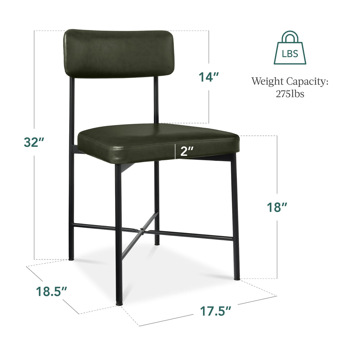 Dining Chair Set of 2, Faux Leather, Standard Height, Metal Frame