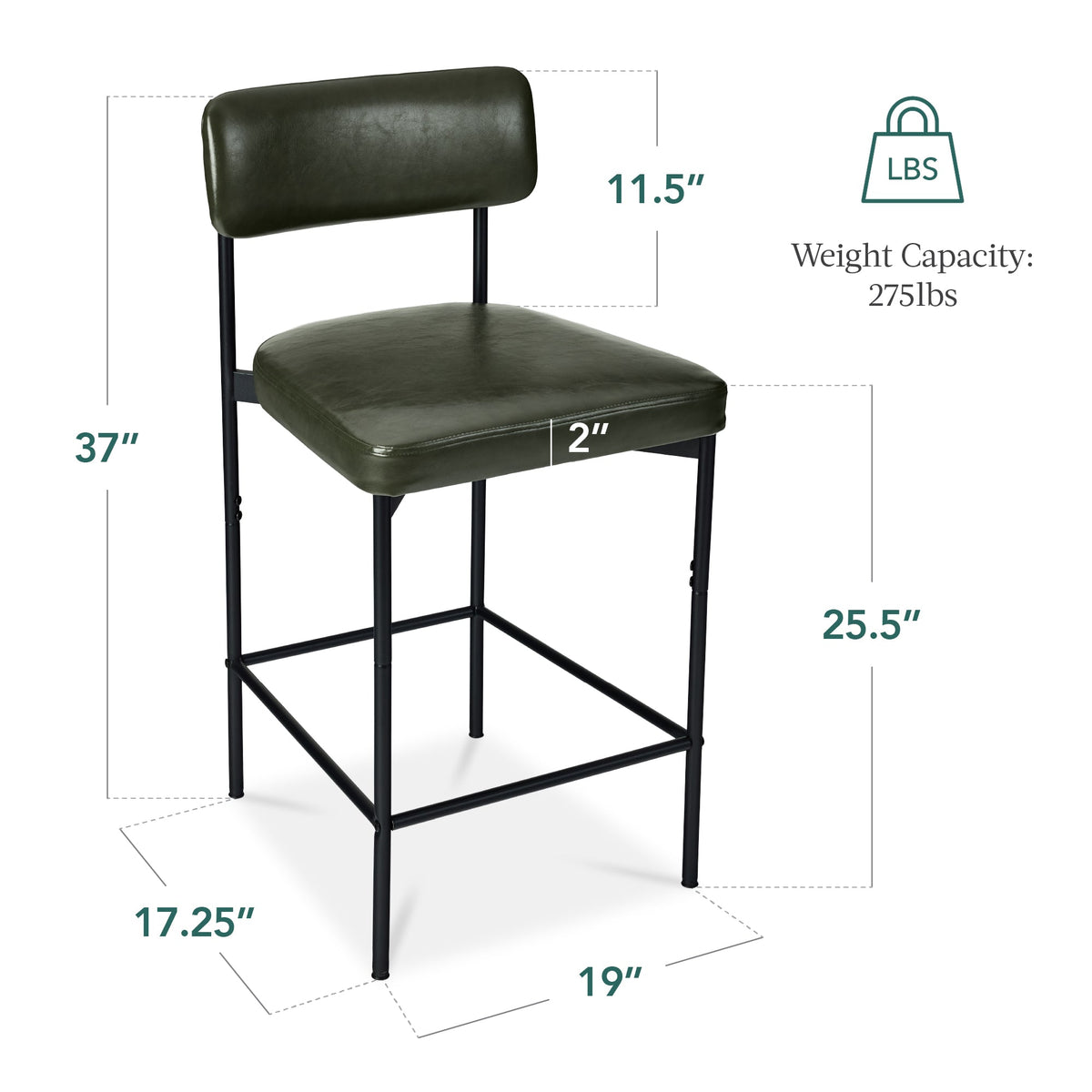 Set of 2 Armless Counter Height Bar Stools, Modern PU Faux Leather Stools