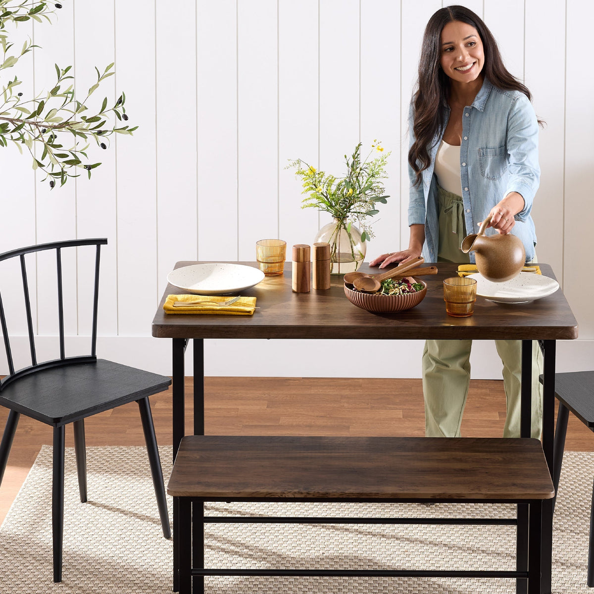 4-Piece Farmhouse Dining Table Set w/ 2 Black Spindle Chairs, Bench, Table