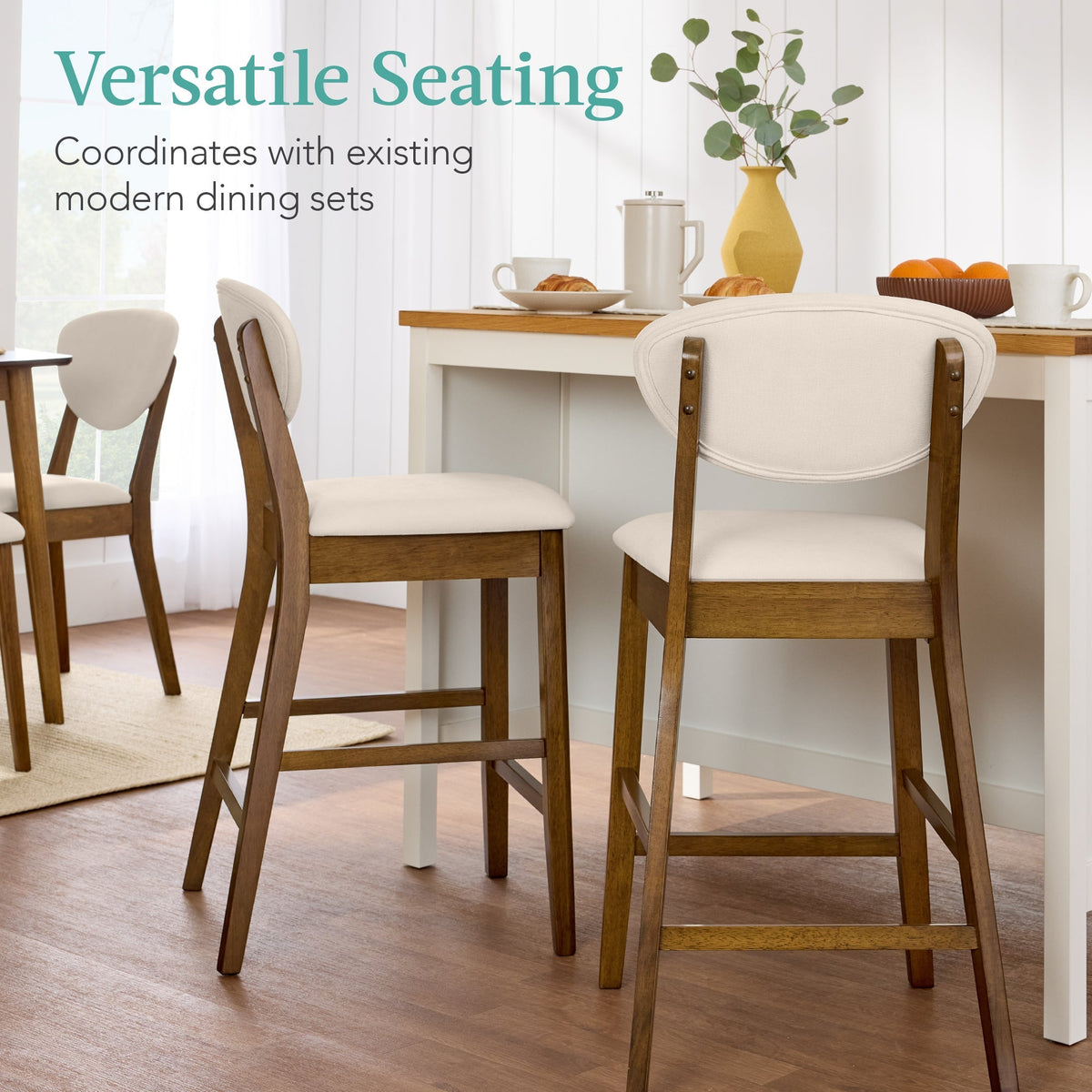 2-Piece Mid-Century Modern Wood & Upholstered Counter Height Bar Stool Set