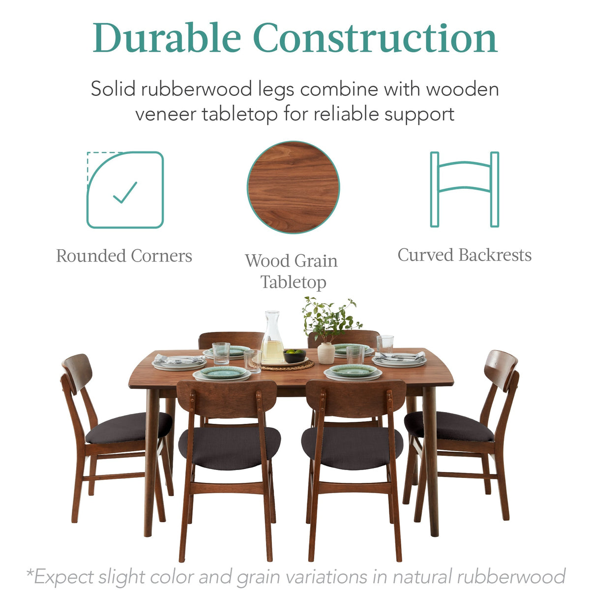 7-Piece Mid-Century Modern Dining Set, Wood Upholstered w/ 6 Chairs