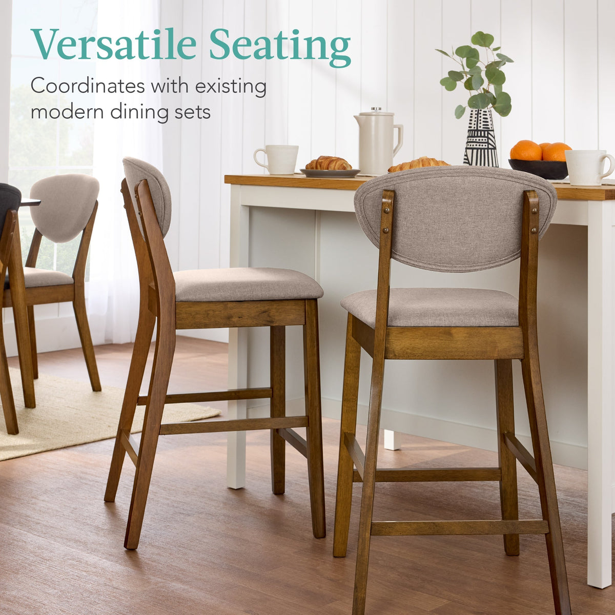 2-Piece Mid-Century Modern Wood & Upholstered Counter Height Bar Stool Set