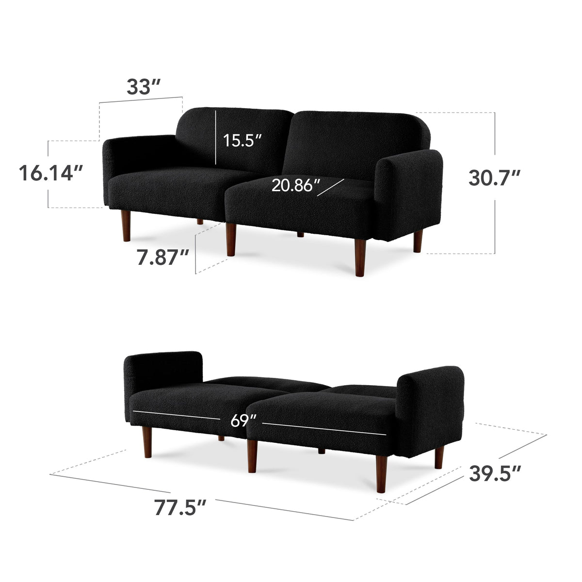 Curved Convertible Futon, Boucle Fabric Split-Back Sleeper Bed