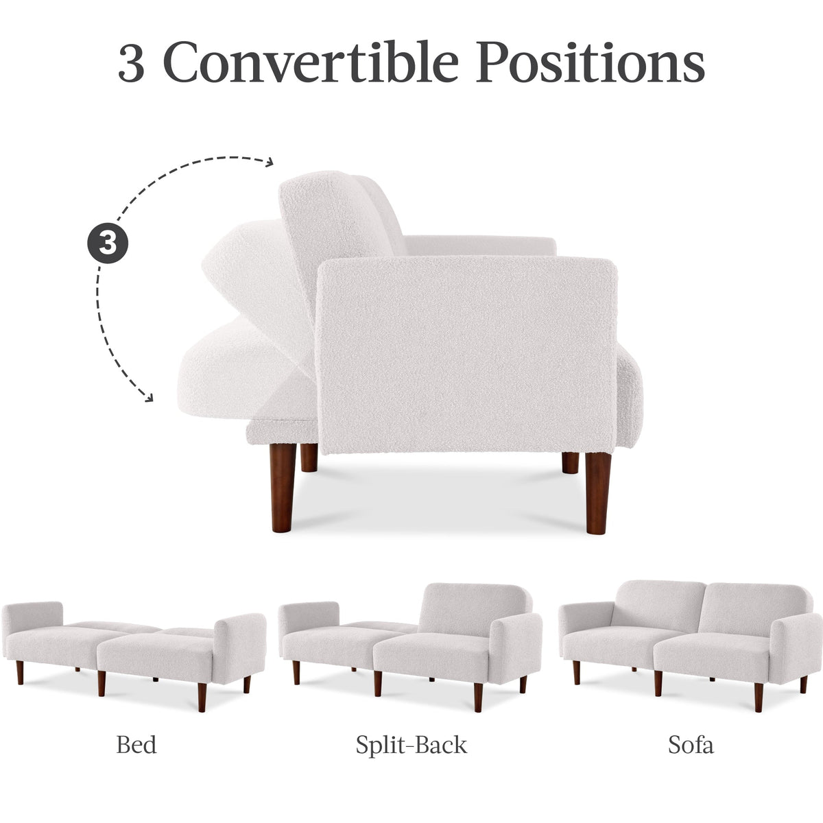 Curved Convertible Futon, Boucle Fabric Split-Back Sleeper Bed