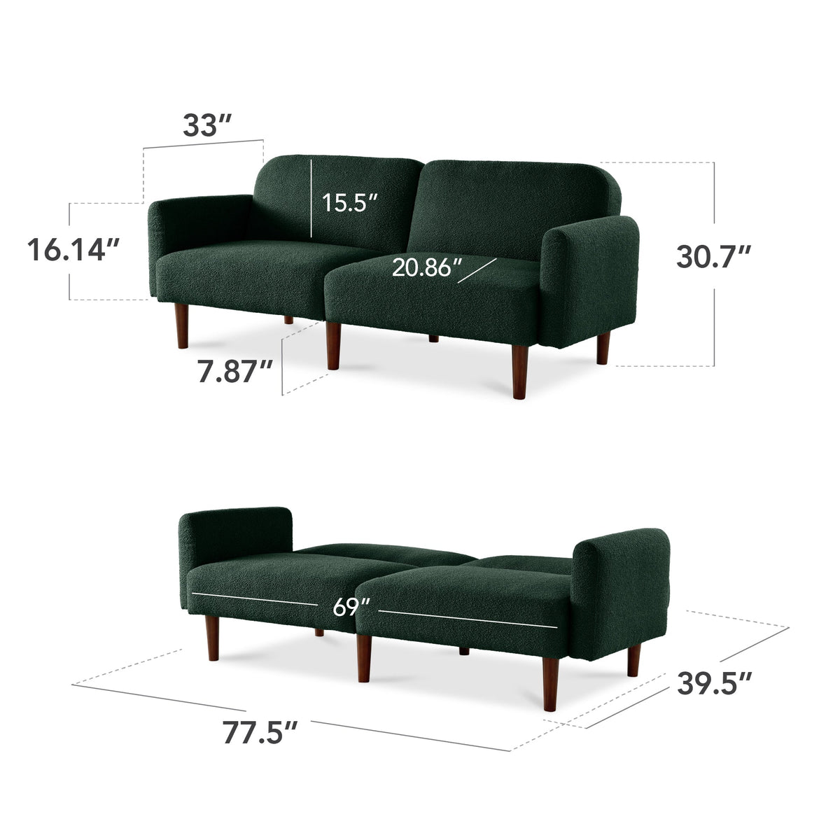 Curved Convertible Futon, Boucle Fabric Split-Back Sleeper Bed