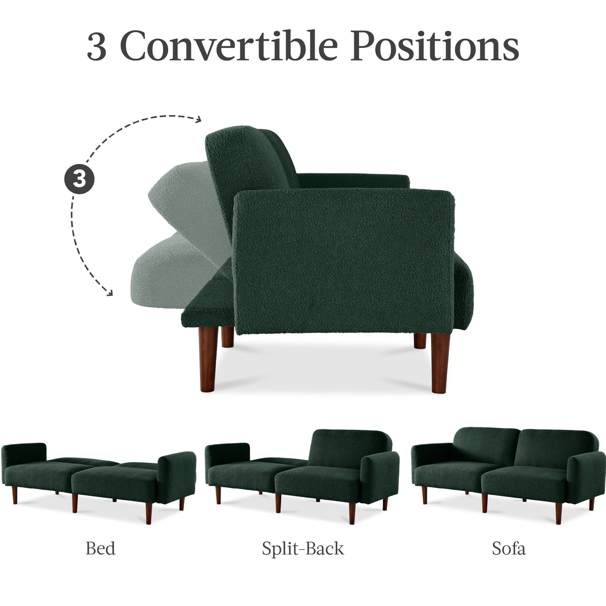 Curved Convertible Futon, Boucle Fabric Split-Back Sleeper Bed