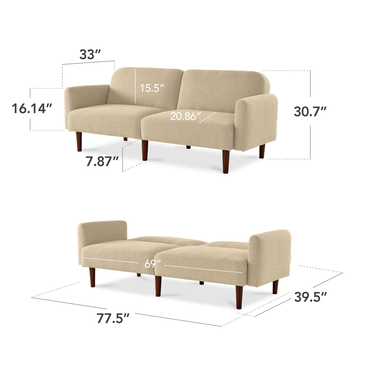 Curved Convertible Futon, Boucle Fabric Split-Back Sleeper Bed
