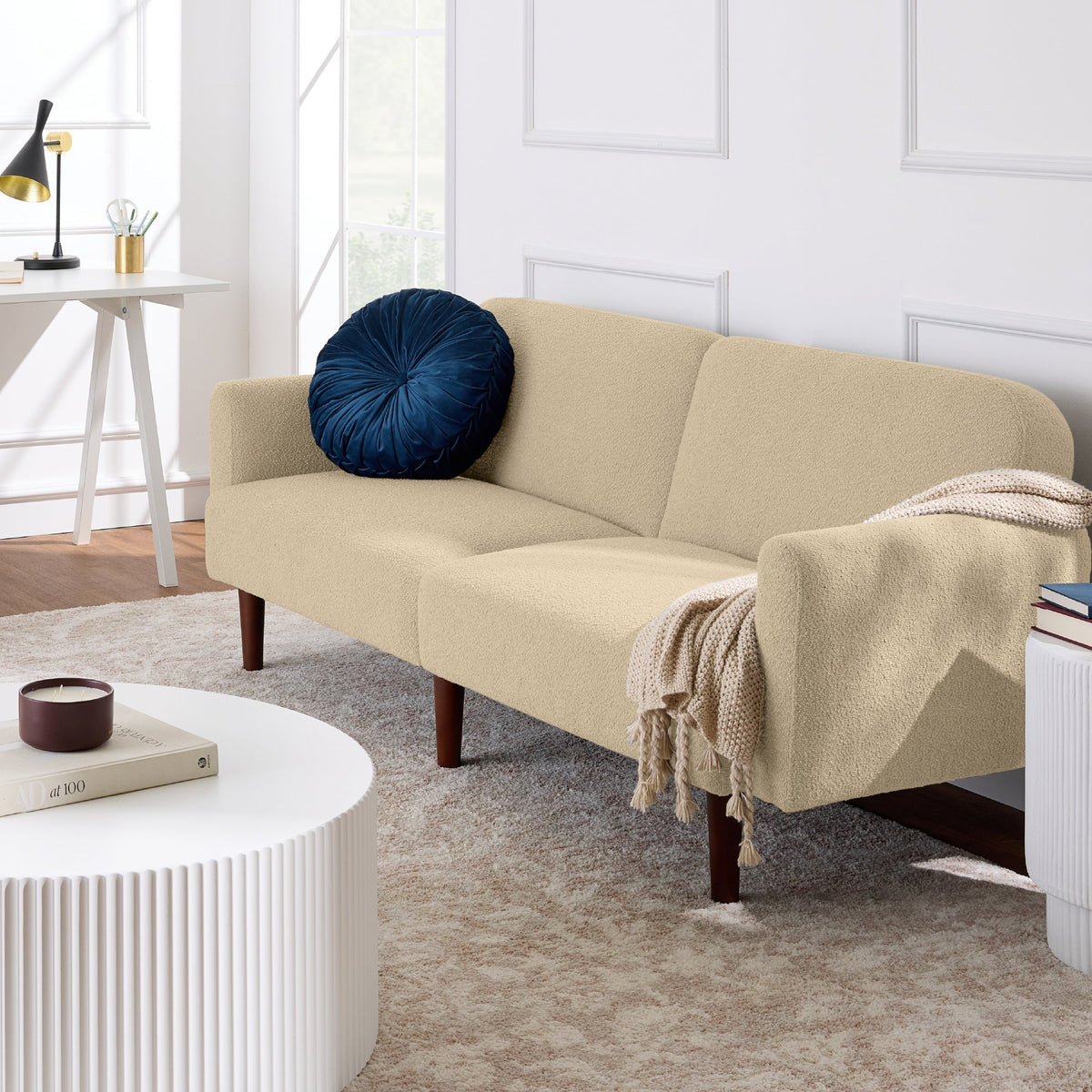 Curved Convertible Futon, Boucle Fabric Split-Back Sleeper Bed
