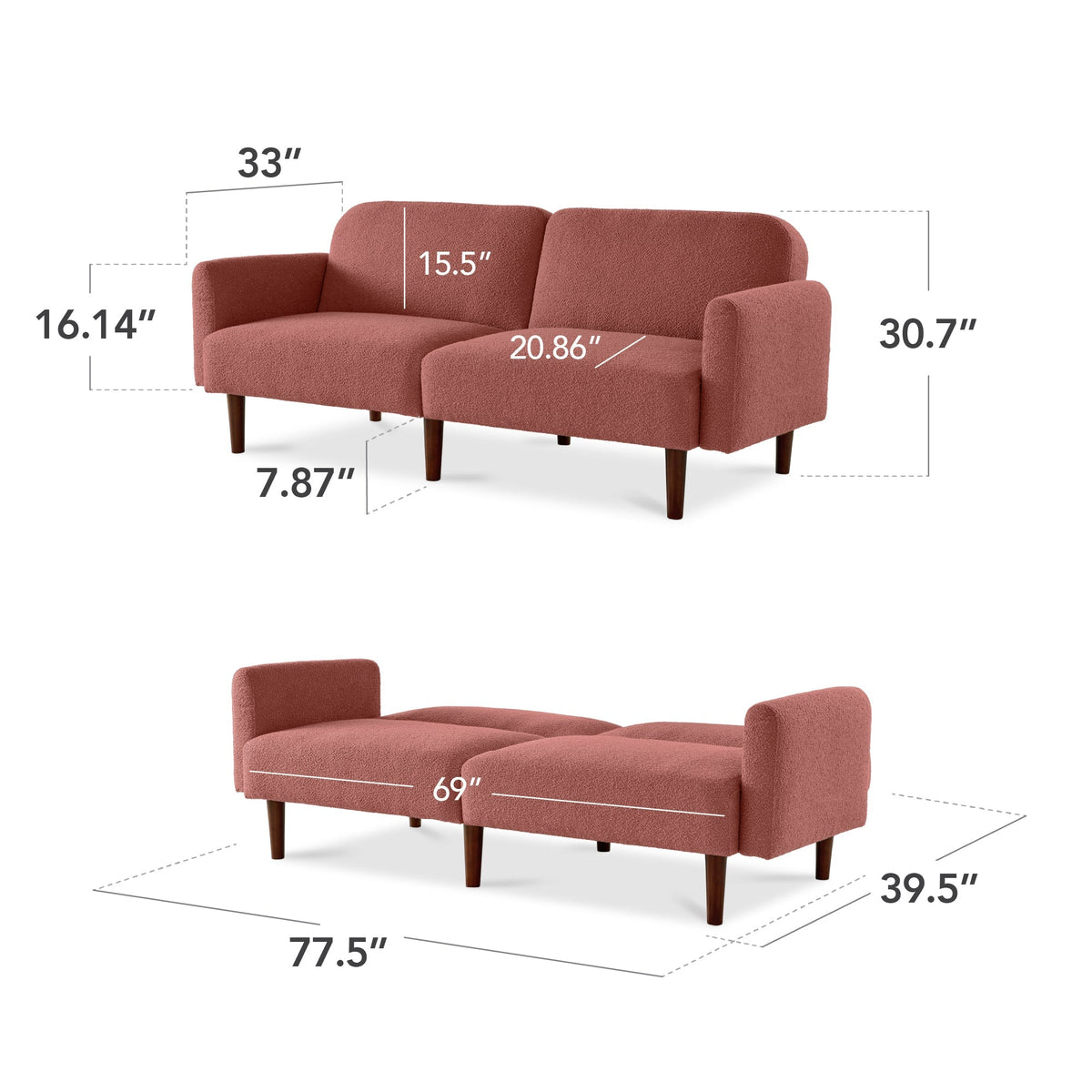 Curved Convertible Futon, Boucle Fabric Split-Back Sleeper Bed