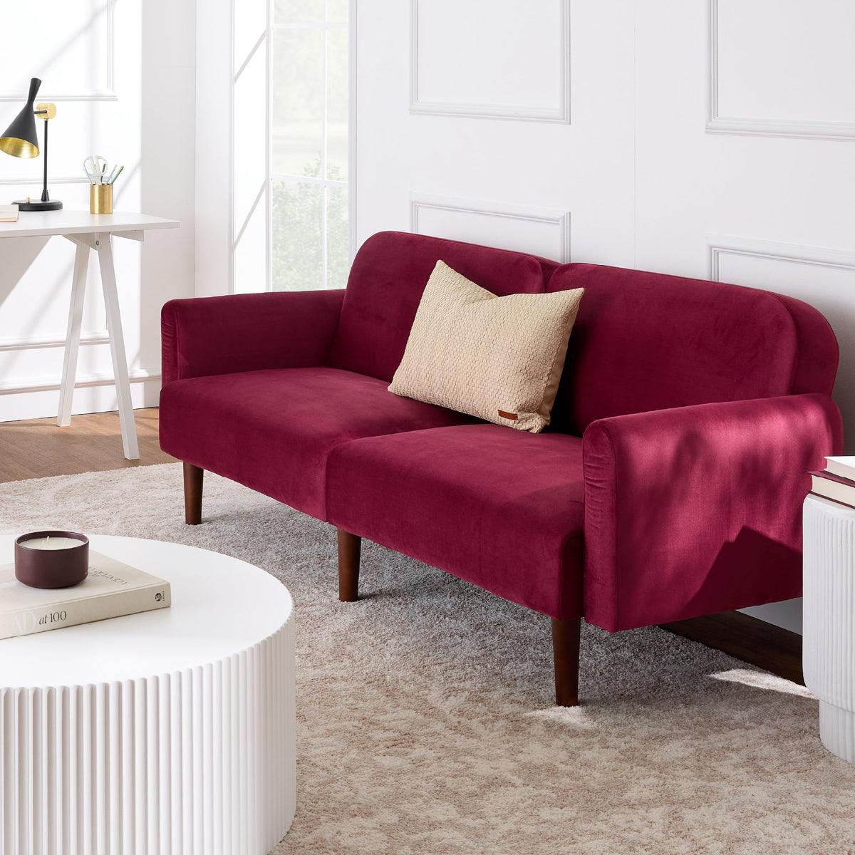 Curved Convertible Futon, Velvet Fabric Split-Back Sleeper Bed
