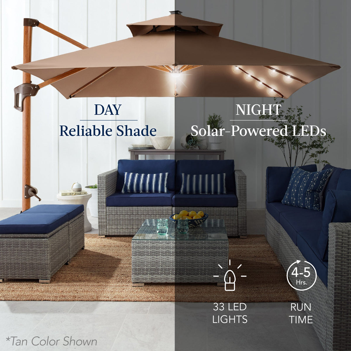 Woodgrain Pattern 2-Tier Outdoor Solar LED Cantilever Umbrella - 10x10ft