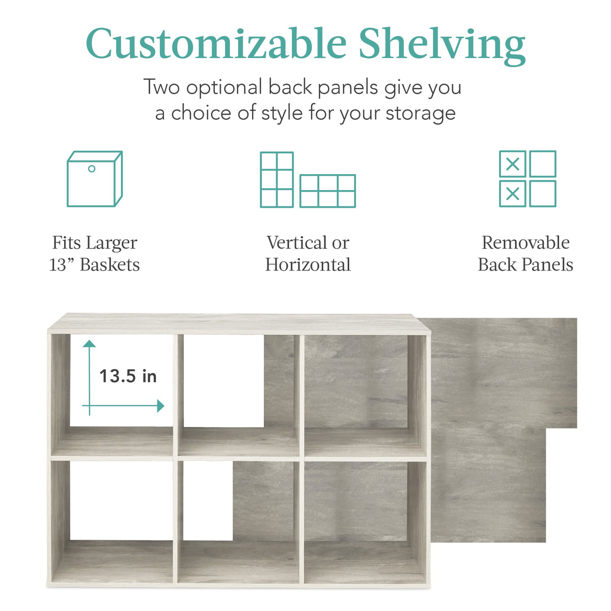 6-Cube Bookshelf, 13.5in Storage Display w/ Removable Panels, Customizable