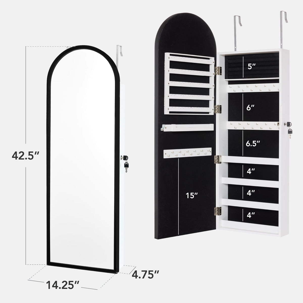 Door/Wall Mounted Arch Mirror Jewelry Armoire, w/ Metal Frame, Built-In Lock