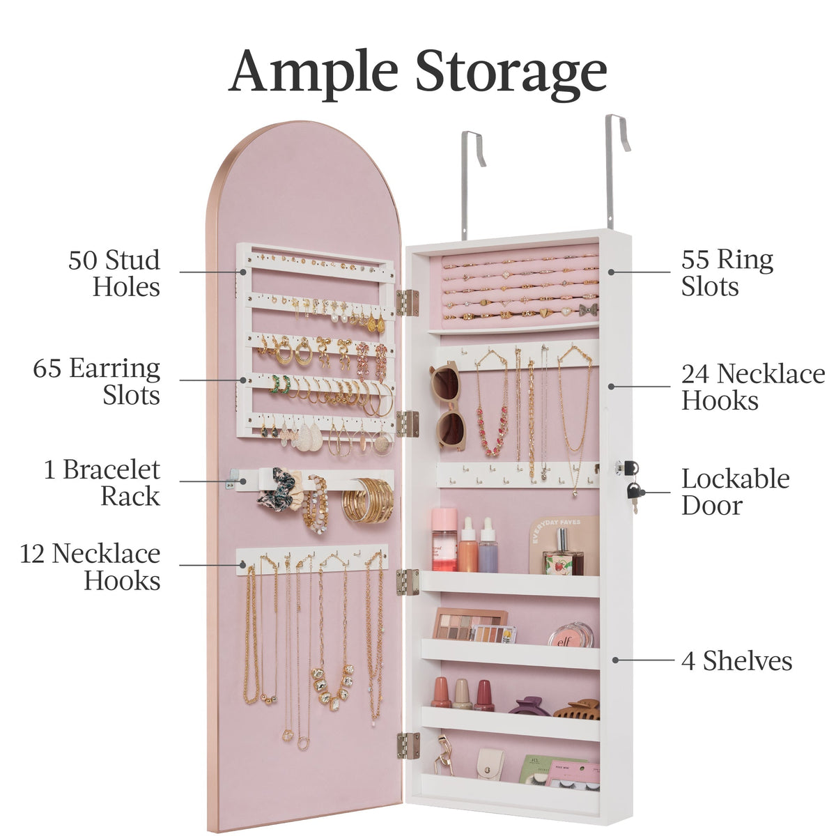 Door/Wall Mounted Arch Mirror Jewelry Armoire, w/ Metal Frame, Built-In Lock