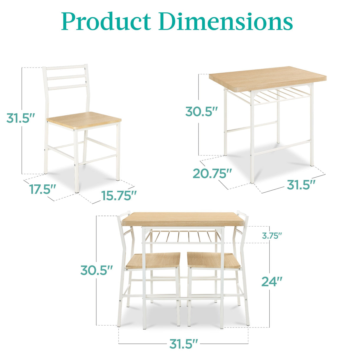 3-Piece Modern Square Dining Set w/ Storage Rack