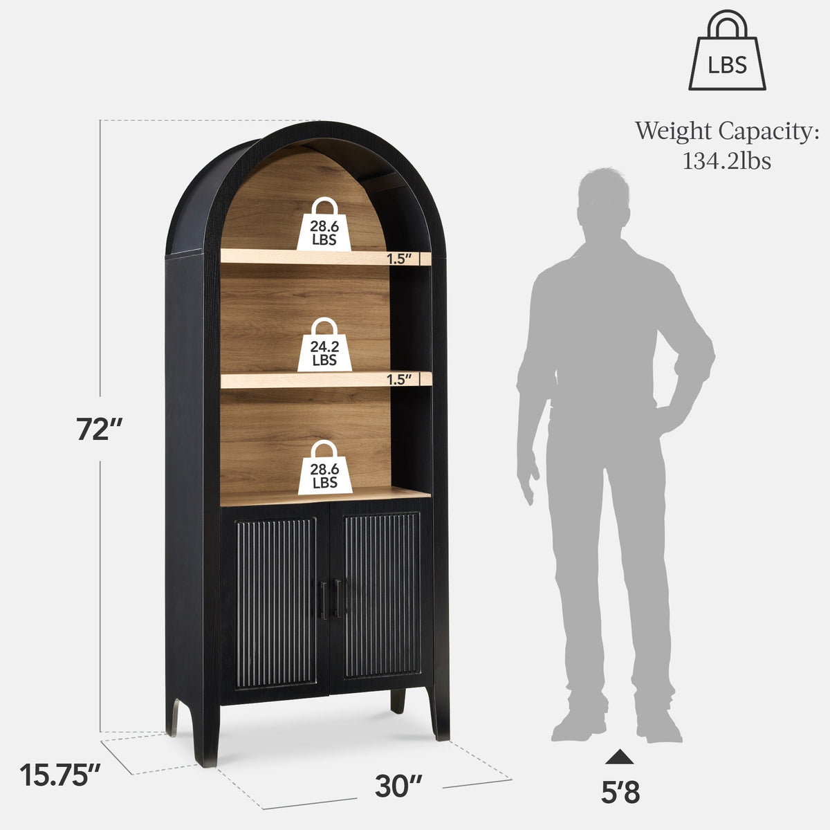 Arched 5-Tier Storage Cabinet w/ Reeded Doors, Adjustable Shelves - 72in