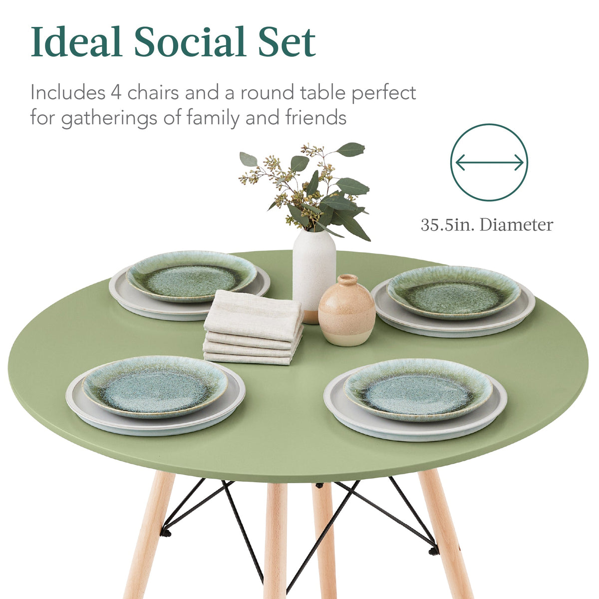 5-Piece Mid-Century Modern Dining Set w/ 4 Chairs, Wooden Legs, Metal Frame