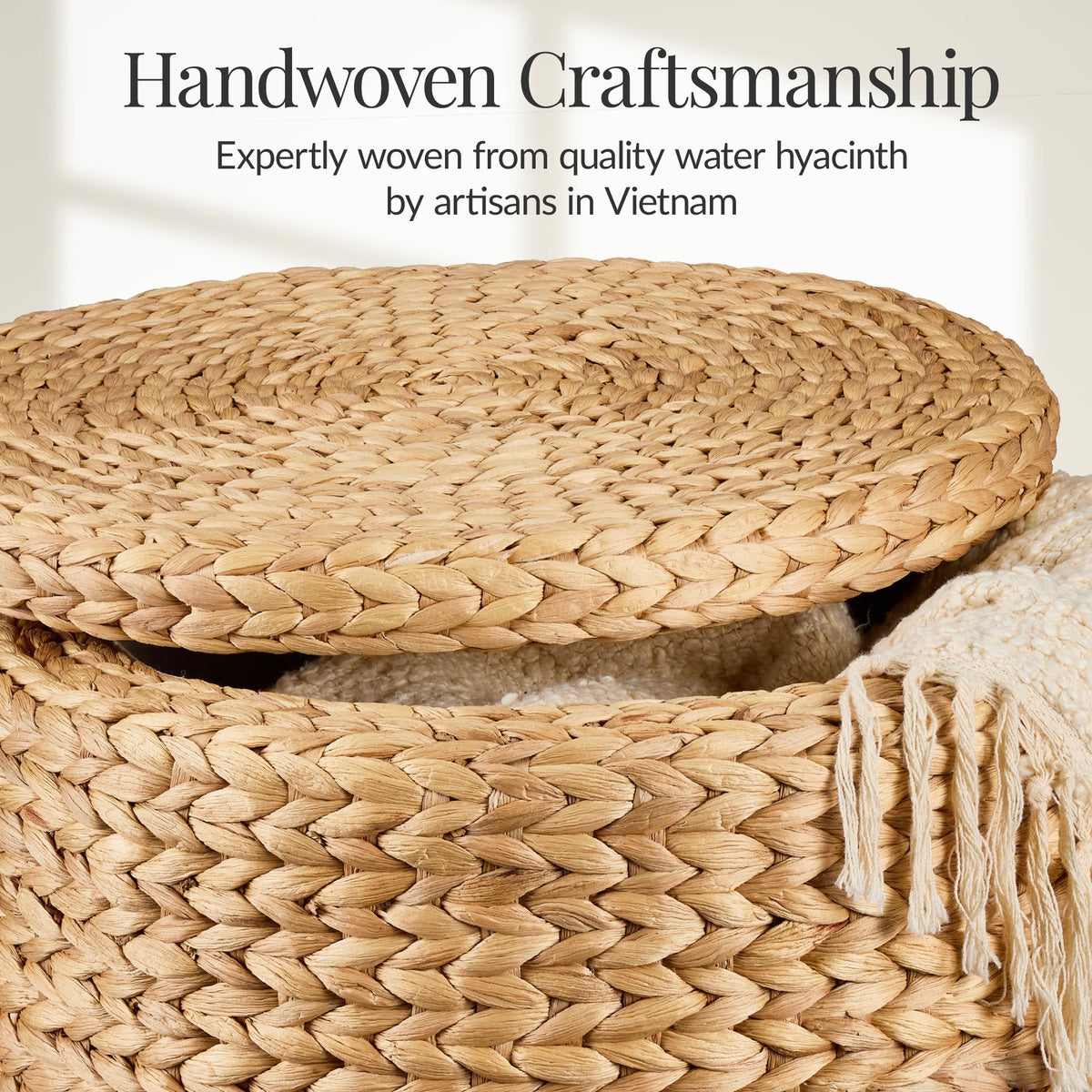 17" Round Storage Ottoman with Lid, Handwoven Water Hyacinth Footstool