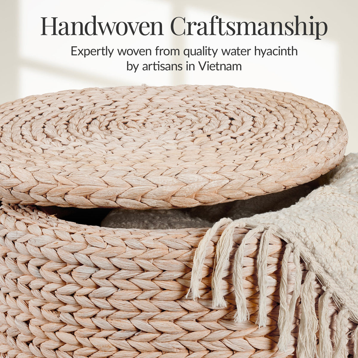 17" Round Storage Ottoman with Lid, Handwoven Water Hyacinth Footstool