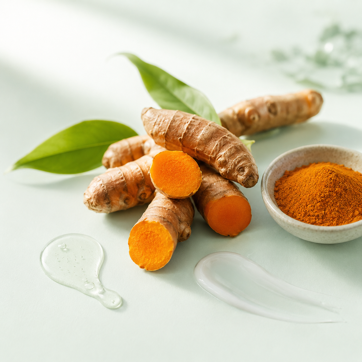 Fresh turmeric roots and turmeric powder